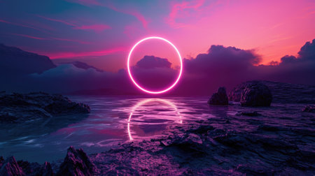The great pink floating circle beyond the river that surrounded with a lot amount of the tall mountains at the dawn or dusk time of the day that shine light to the every part of the picture. AIGX03.の素材