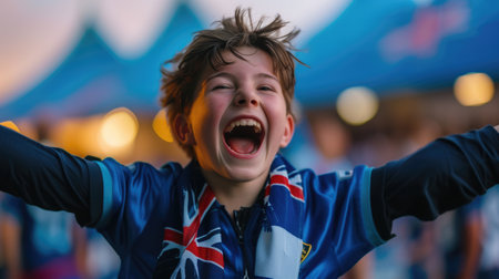 A young fan at a soccer championship raises his arms in excitement, adding to the energetic gestures of the crowd, creating a fun and happy atmosphere at the event. AIG41の素材
