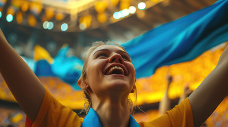 A happy fan in a yellow shirt is celebrating with a gesture, smiling and screaming in the air, enjoying the fun event surrounded by a lively crowd. AIG41の素材