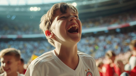 A fan cheers with arms raised among a lively crowd at a sports competition event. AIG41の素材