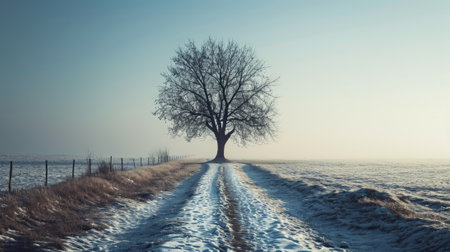 The picture of the single tree that has been covered with white snow in the middle of the empty snow land in the winter season and light from the sun can make everything bright clear on land. AIGX03.の素材