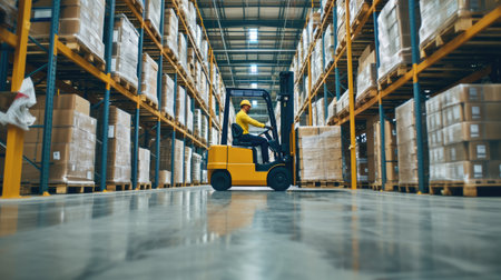 A man operates a forklift amidst shelving and fixtures in a warehouse, while moving wooden flooring for an upcoming event. AIG41の素材