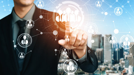 People network and global communication concept. Business people with modern interface of community linking many people around world by social media platform to connect international business. udsの写真素材