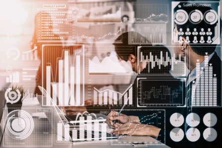 Big Data Technology for Business Finance Analytic Concept. Modern interface shows massive information of business sale report, profit chart and stock market trends analysis on screen monitor. udsの写真素材