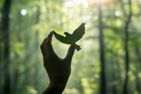 nature art of leaf carved into animal shape showing concept of sustainability and environmental conservation. aigx04の素材