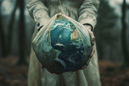 The picture of the person that has been holding the earth globe that come with the plastic bag that can stand for multiple meaning like protect the earth or keep the earth from plastic bag. AIGX01.の素材