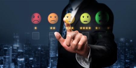 Business person analyzes customer experience satisfaction review data, striving to improve service quality. Leveraging reviews to enhance customer satisfaction and loyalty. FaaSの写真素材