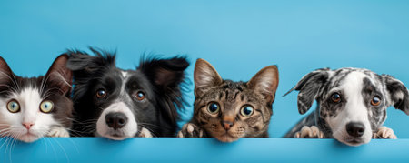 The picture of front view and close up of the multiple group of the various cat and dog in front of the bright blue background that look back to the camera with the curious and interest face. AIGX03.の素材