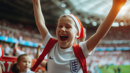 A jubilant soccer fan celebrates a goal, cheering and clapping in a stadium filled with spectators during a crucial match. AIG41の素材