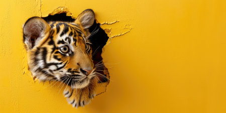 Close up view picture of the hollow yellow hole on the the wall that show the tiger stay inside the wall that has been made from some material yet still can break to look through other side. AIGX03.の素材