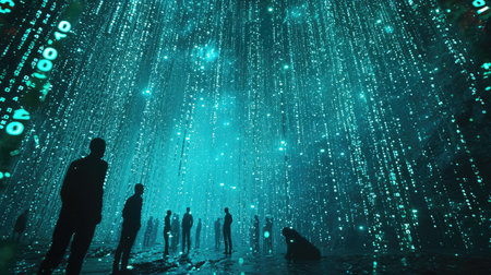 The picture of the group people that has been walking into the endless walkway that has been raining with the digital matrix green binary rain of code that seem like people search something. AIGX01.の素材