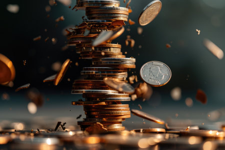 Economic downturn, debt crisis and market crash concept shown by shattering coins AIG41の素材