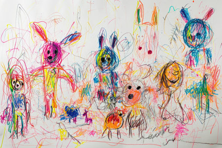 The hand drawing colourful picture of the group of the various type of the animal that has been drawn by the colored pencil or chalk on the white background that seem to be drawn by the child. AIGX01.の素材