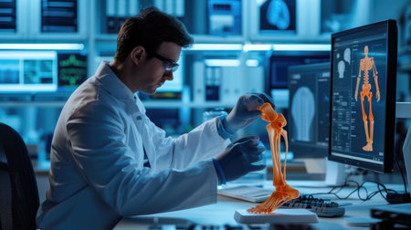 A white-collar worker in a lab coat gestures while holding a knee joint model in front of a computer screen. AIG41の素材
