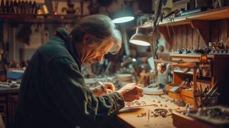 A woman is sitting at a desk in a workshop, building and working on a piece of equipment with fun and sharing in an art room. AIG41の素材