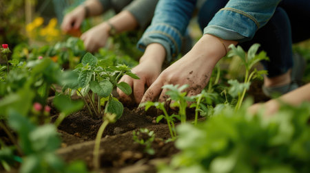 A group of people are collecting various plants such as flowers, grass, leaf vegetables, and shrubs in a garden. AIG41の素材
