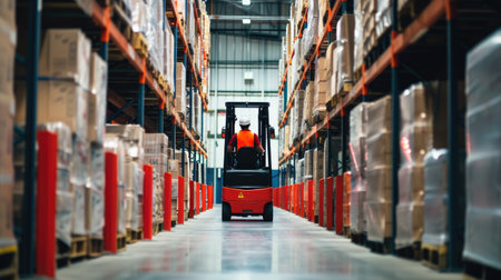 A man operates a forklift in a warehouse, transporting goods amidst shelves of building materials and wooden flooring. AIG41の素材