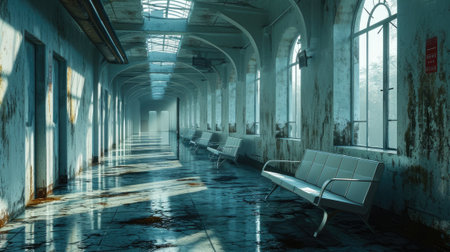 The great long stained gloomy bluish hallway that stay inside the architecture that similar to the hospital that has cleaned white bench that stay on dirty marble floor with light from a sun. AIGX03.の素材