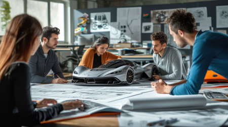 A group of people sharing a fun leisure event, sitting around a table, looking at a model car. AIG41の素材