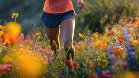 A female athlete in vibrant sportswear runs energetically through a field adorned with colorful wildflowers during a race. AIG41の素材