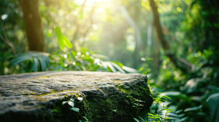 The focused picture of the stone object that surrounded by an uncountable amount of tree in the middle of the forest under the bright light from the bright sun in the daytime of the summer. AIGX03.の素材