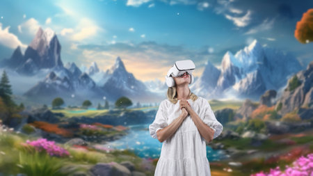 Excited smiling woman looking by VR surround wonderful fairytale forest mountain ice wonderland snowfall at steam water landscape meta magical world mysterious fantasy jungle in winter. Contraption..の写真素材