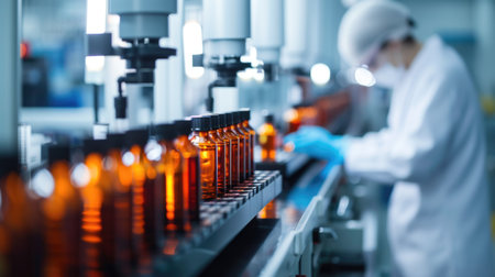 A laboratory technician in protective gear meticulously inspects a production line of medical vials, ensuring quality control in a pharmaceutical facility. AIG41の素材