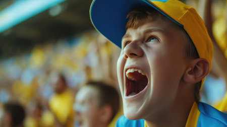 A happy fan in a yellow shirt is celebrating with a gesture, smiling and screaming in the air, enjoying the fun event surrounded by a lively crowd. AIG41の素材