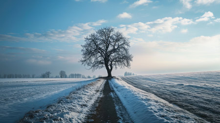 The picture of the single tree that has been covered with white snow in the middle of the empty snow land in the winter season and light from the sun can make everything bright clear on land. AIGX03.の素材