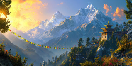 A serene temple adorned with colorful prayer flags stands against the backdrop of majestic snowy mountains illuminated by the sunrise. Resplendent.の素材