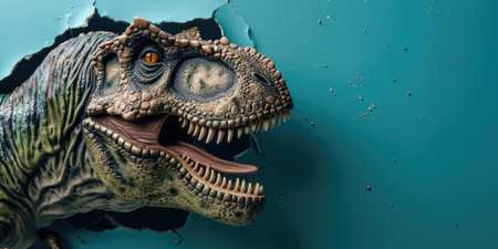 Close up view picture of the hollow blue hole on the the wall that show the t.rex stay inside the wall that has been made from some material yet still can break to look through the other side. AIGX03.の素材