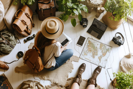 The picture of the young or adult caucasian female human focus and looking at the map of the world in the small room that has been filled with various object under a bright sun in the daytime. AIGX03.の素材
