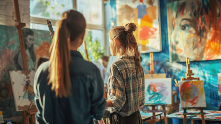 A group of individuals are seated around tables, enjoying an artistic event in a studio furnished with chairs and tables. This leisurely gathering fosters sharing and appreciation of visual artsの素材