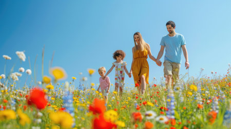 A happy family holding hands walks through a grassy field of flowers, surrounded by the beautiful natural landscape and vast sky. AIG41の素材