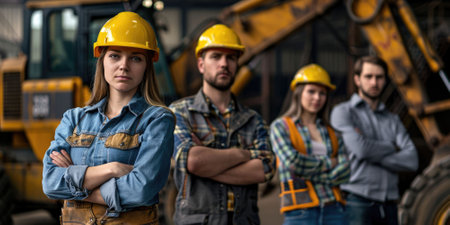 group portrait of construction workers with background of excavation machinery aigx04の素材