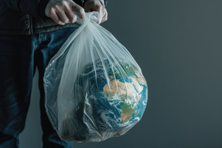 The picture of the person that has been holding the earth globe that come with the plastic bag that can stand for multiple meaning like protect the earth or keep the earth from plastic bag. AIGX01.の素材
