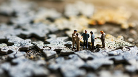 The miniature varies group of employed people that standing still on the uncompleted jigsaw board trying to work together to find the solution for the problem that they talking to each other. AIGX03.の素材