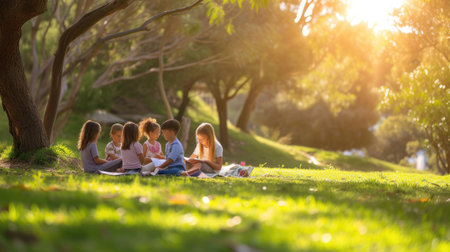 A joyful group of people enjoying the natural landscape, sitting on the grass in a park surrounded by trees and terrestrial plants. AIG41の素材