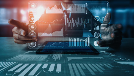 Big Data Technology for Business Finance Analytic Concept. Modern interface shows massive...
