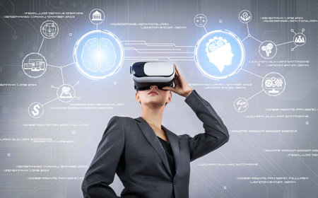 Business woman with VR goggles standing while making decision for using chat bot in business marketing plan. Project manager looking at holographic of AI assistance by using VR glasses. Contraption.の写真素材
