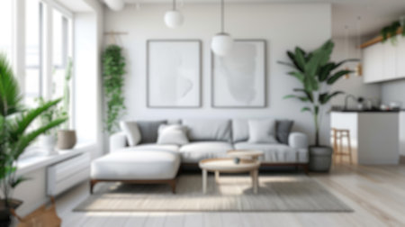 Defocused shot of a bright, airy Scandinavian-style living space with minimalist design....