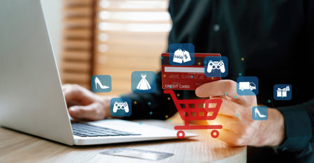 Customer open hologram graphic interface controlling device choosing online platform. Smart consumer...