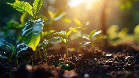 The growing little tiny green plants on the soil and dirt that has been received the source of the food from the bright light of the morning sun at the daytime in the summer or spring of year. AIGX03.の素材