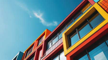The colourful structure under the bright clear blue sky with the ray of light from brightest sun that cover most part of the building but even that the structure still left some the shadow. AIGX03.の素材