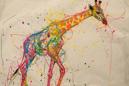 The hand drawing colourful picture of giraffe that has been drawn by the colored pencil, crayon or chalk on the white blank background that seem to be drawn by the child that willing to draw. AIGX01.の素材
