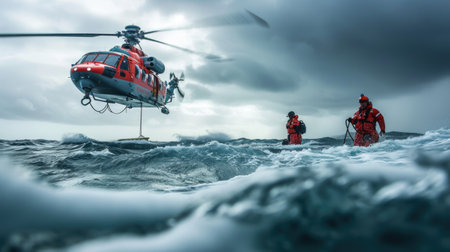 A coastguard speedboat cuts through the waves at high speed during a rescue operation, showcasing urgency and precision. AIG41の素材