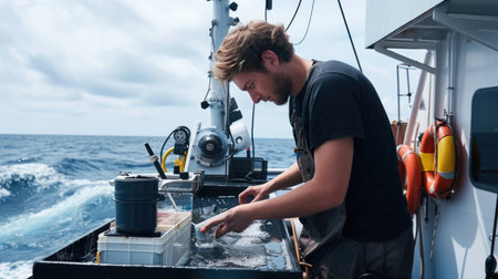 A marine scientist examines water samples on a research vessel, conducting environmental analysis on the open sea. AIG41の素材