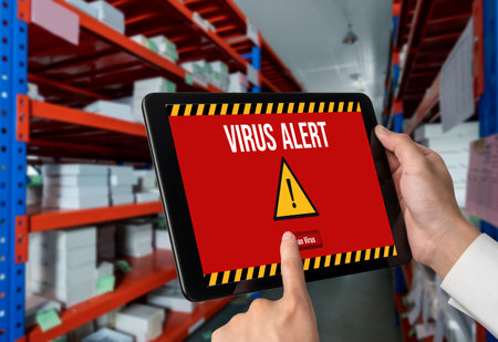 Virus warning alert on computer screen detected modish cyber threat , hacker, computer virus and malwareの写真素材