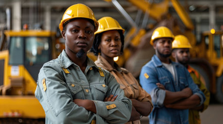group portrait of construction workers with background of excavation machinery aigx04の素材