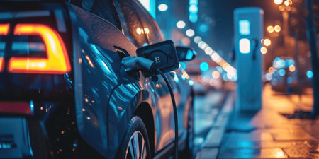 A picture about the electric vehicle that has been charging at the charging station and has been connected with the charger that has been connecting to the electric vehicle to become new tech. AIGX01.の素材